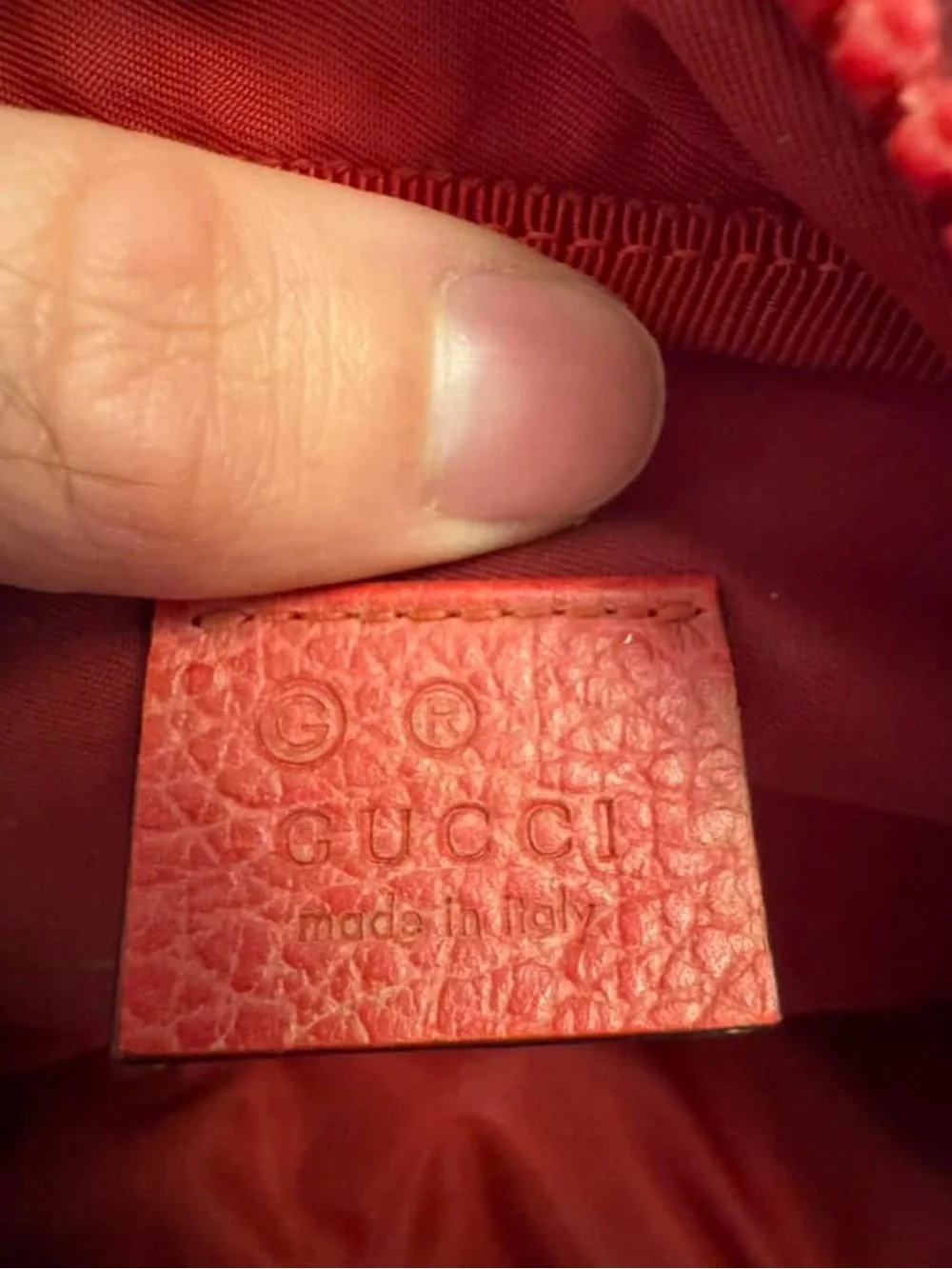 Gucci Red Leather Logo Cosmetic Pouch Interior Tag